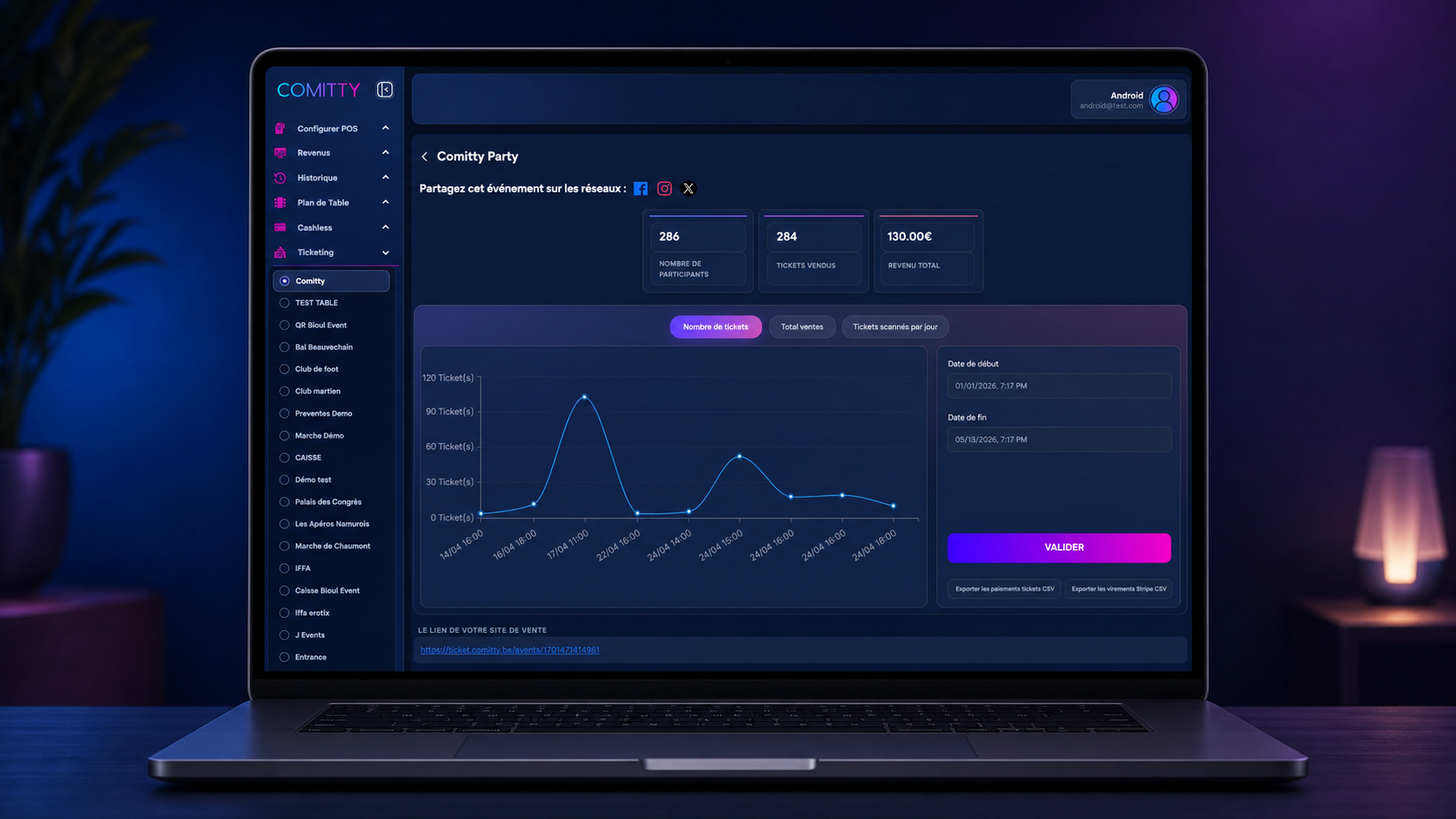 Dashboard analytics billetterie Comitty